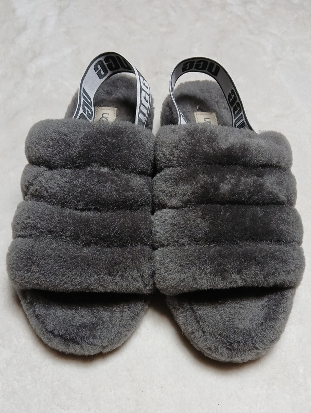 UGG Gray Fuzz Slide Sandals with Logo Sling Size 10